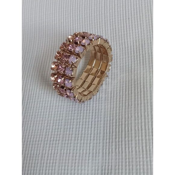 Gold Toned Metal Pink and Orange Rhinestone Encrusted Stretchy Elasticized Ring - Picture 7 of 7